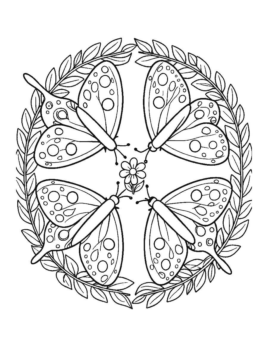 Line drawing of four butterflies meeting at the center of a round mandala of leaves