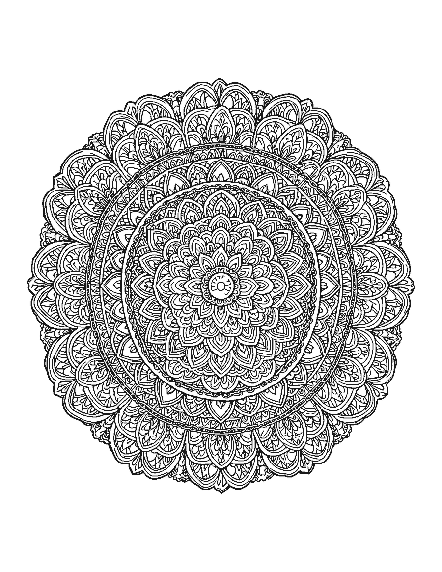 Line drawing of a dense round mandala of interlocking petals, chains and lattice rings