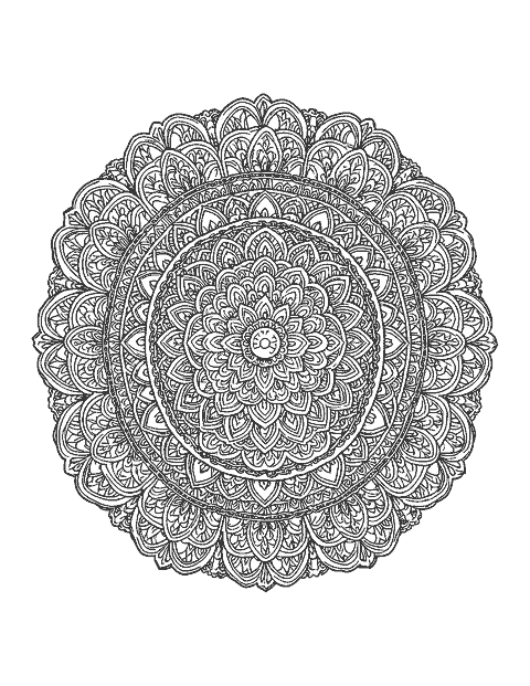 Line drawing of a dense round mandala of interlocking petals, chains and lattice rings
