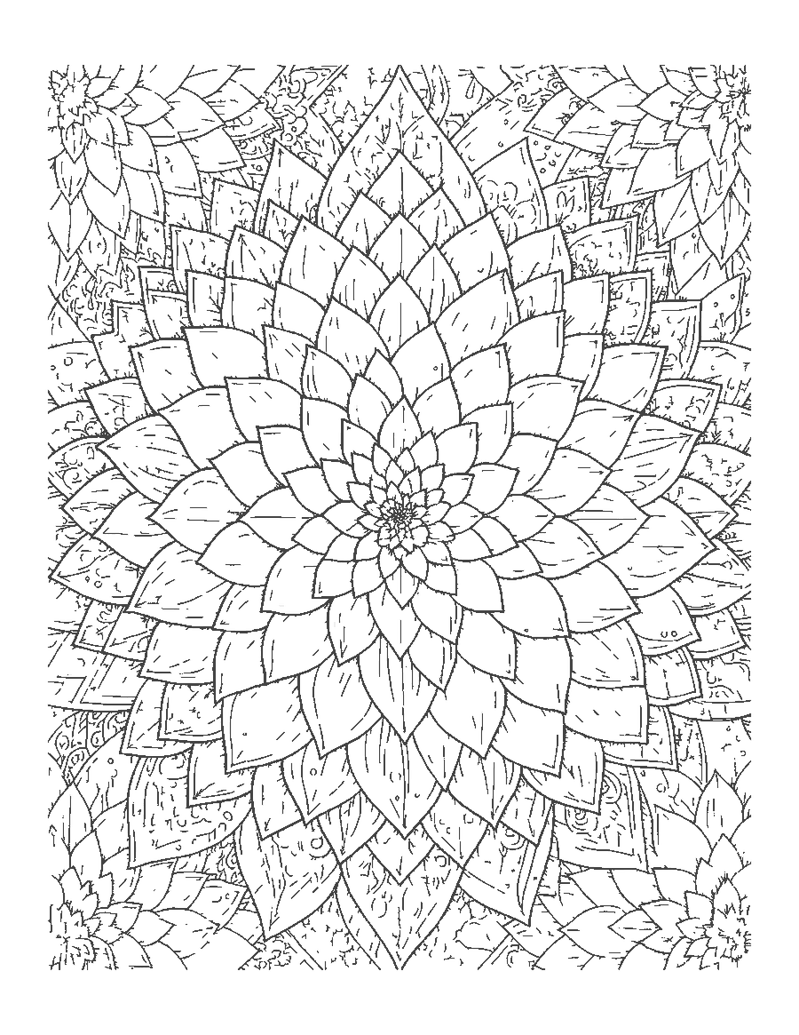 Line drawing of an intricate dahlia-inspired mandala with tiny layered patterned petals