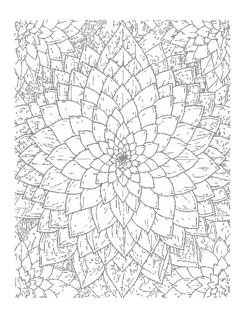 Line drawing of an intricate dahlia-inspired mandala with tiny layered patterned petals