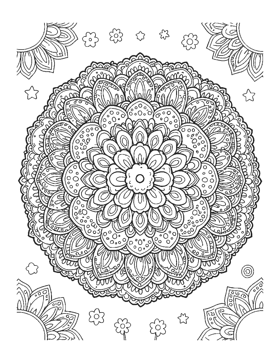 Line drawing of a detailed mandala with six rings of lace-like petals and dots