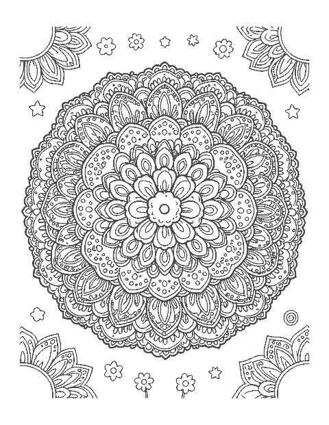 Line drawing of a detailed mandala with six rings of lace-like petals and dots