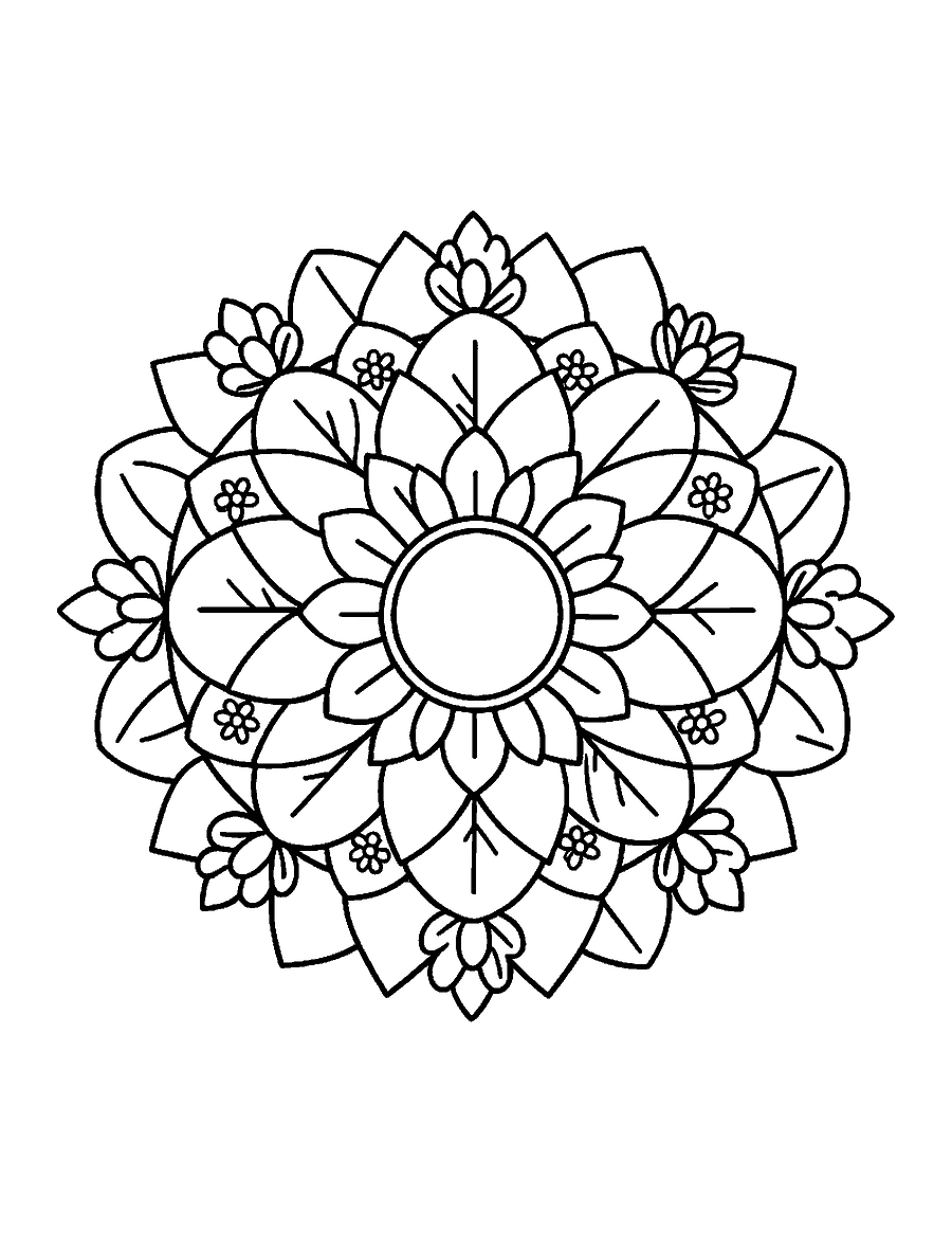 Line drawing of a mandala made of layered leaves and simple flowers in three rings
