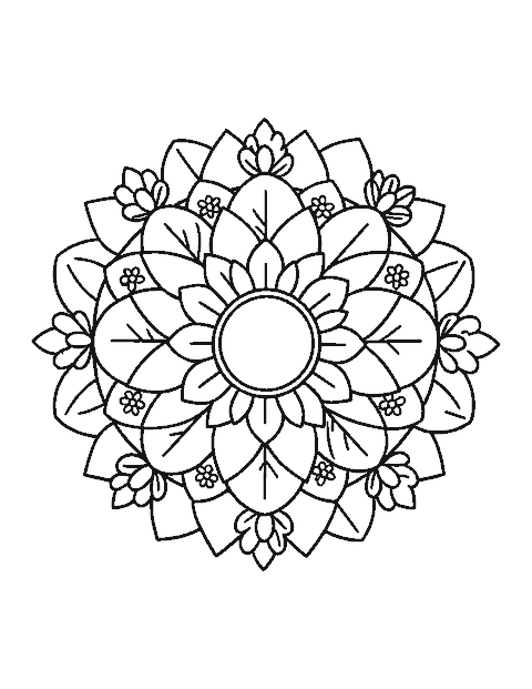 Line drawing of a mandala made of layered leaves and simple flowers in three rings