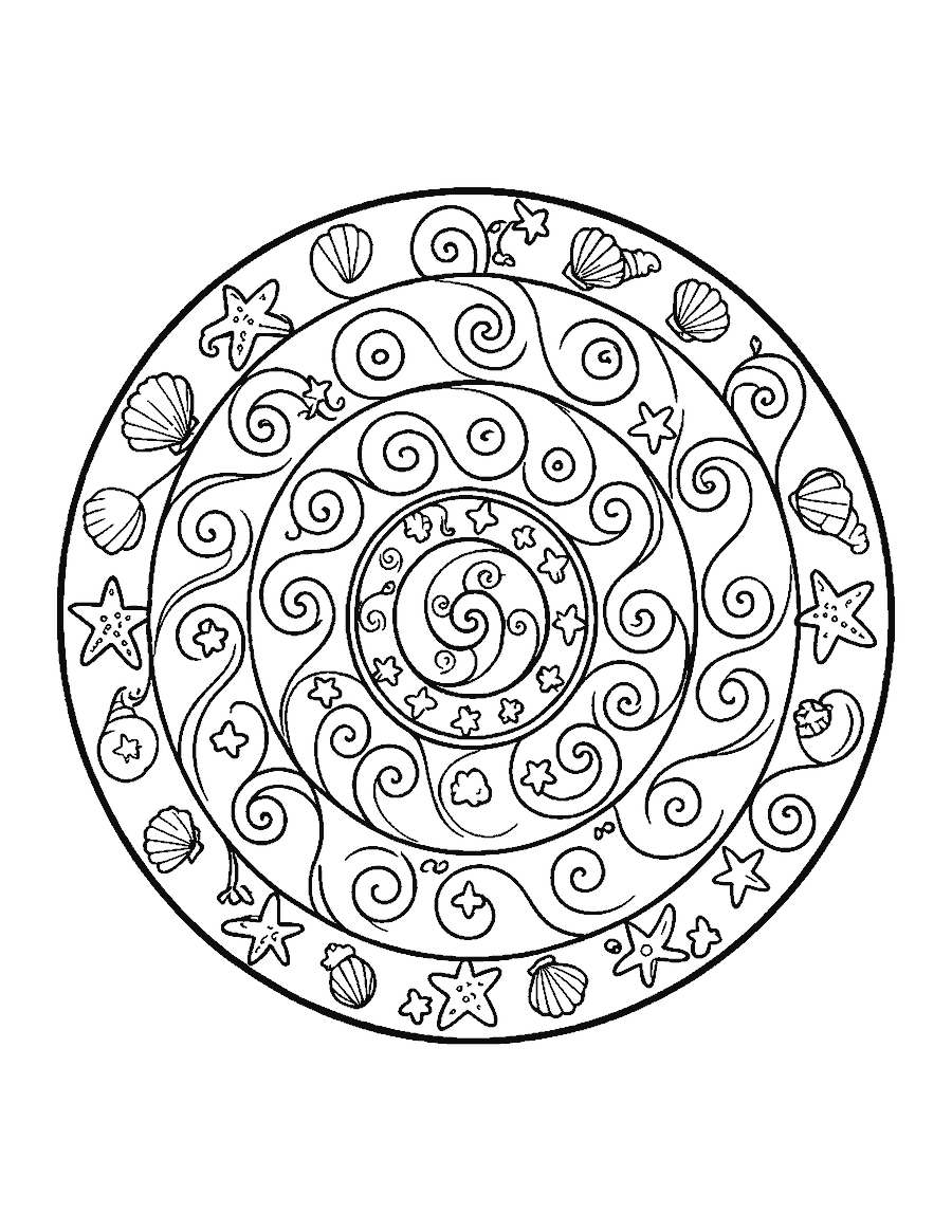 Line drawing of a circular mandala of curling waves, seashells and starfish