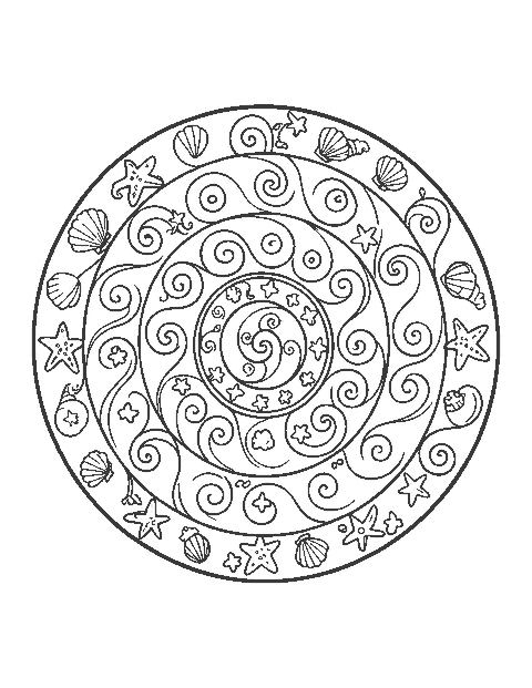Line drawing of a circular mandala of curling waves, seashells and starfish