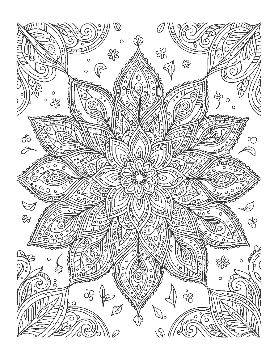 Line drawing of a mandala of paisley and teardrop shapes around a center rosette