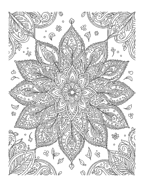 Line drawing of a mandala of paisley and teardrop shapes around a center rosette