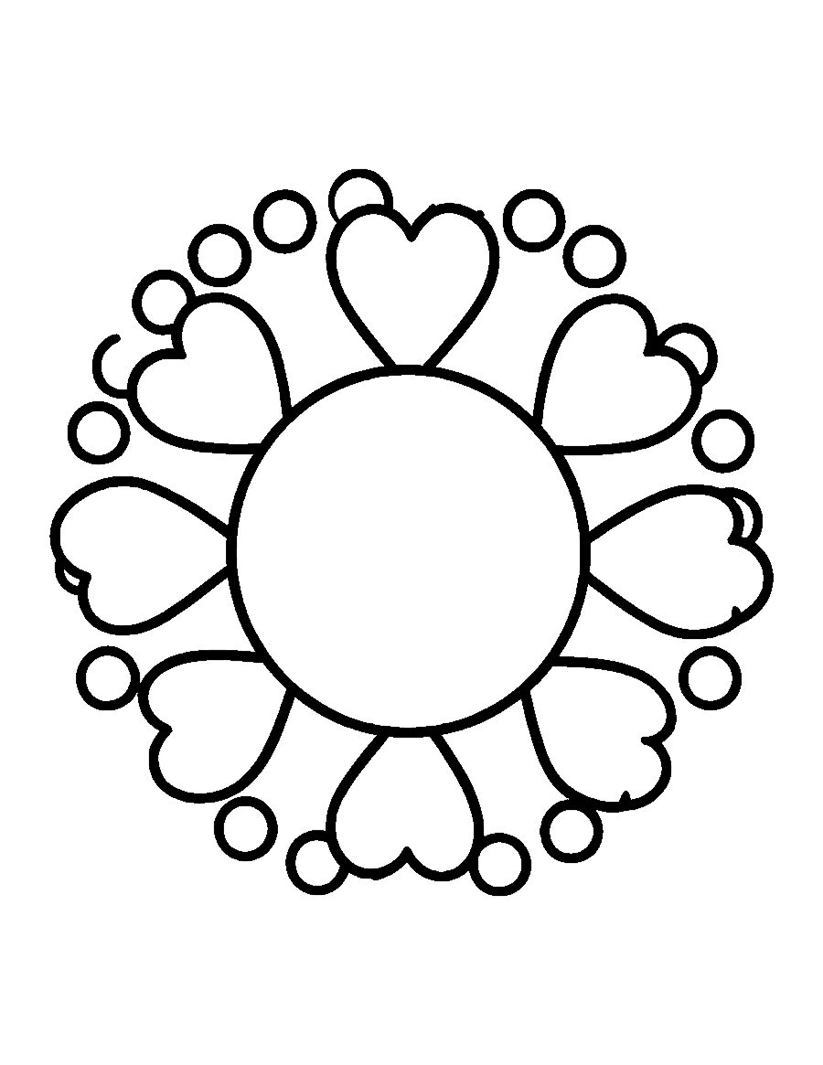 Line drawing of eight big hearts arranged in a circle around a round center