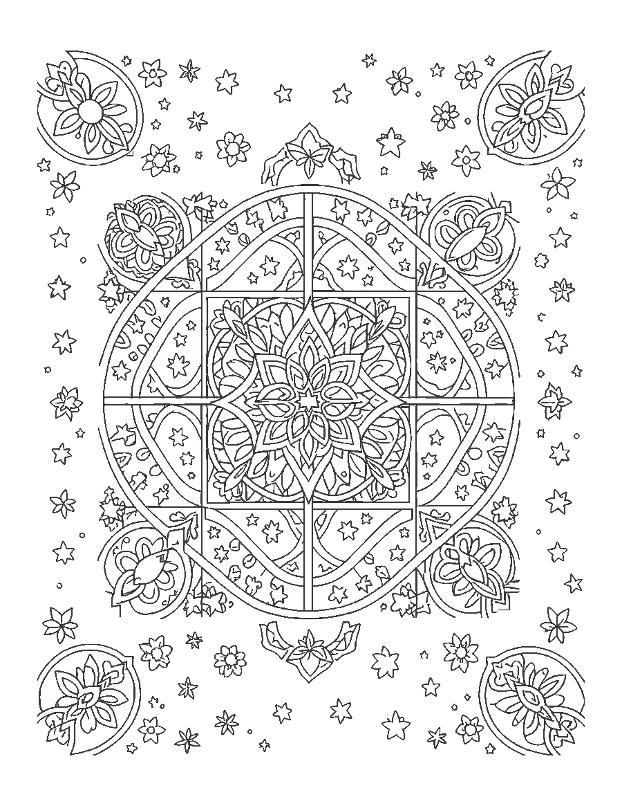 Line drawing of a square mandala tile with interlocking arches, stars and corner motifs