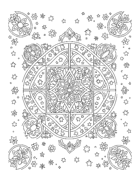 Line drawing of a square mandala tile with interlocking arches, stars and corner motifs