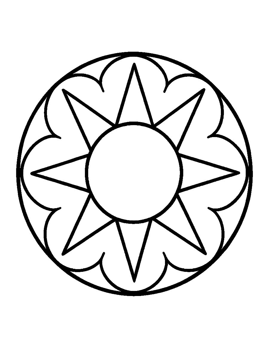 Line drawing of a sun-shaped mandala with broad pointed rays and large half circles