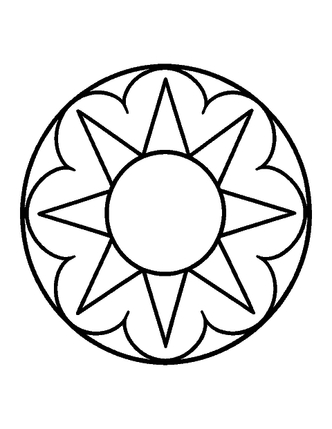 Line drawing of a sun-shaped mandala with broad pointed rays and large half circles