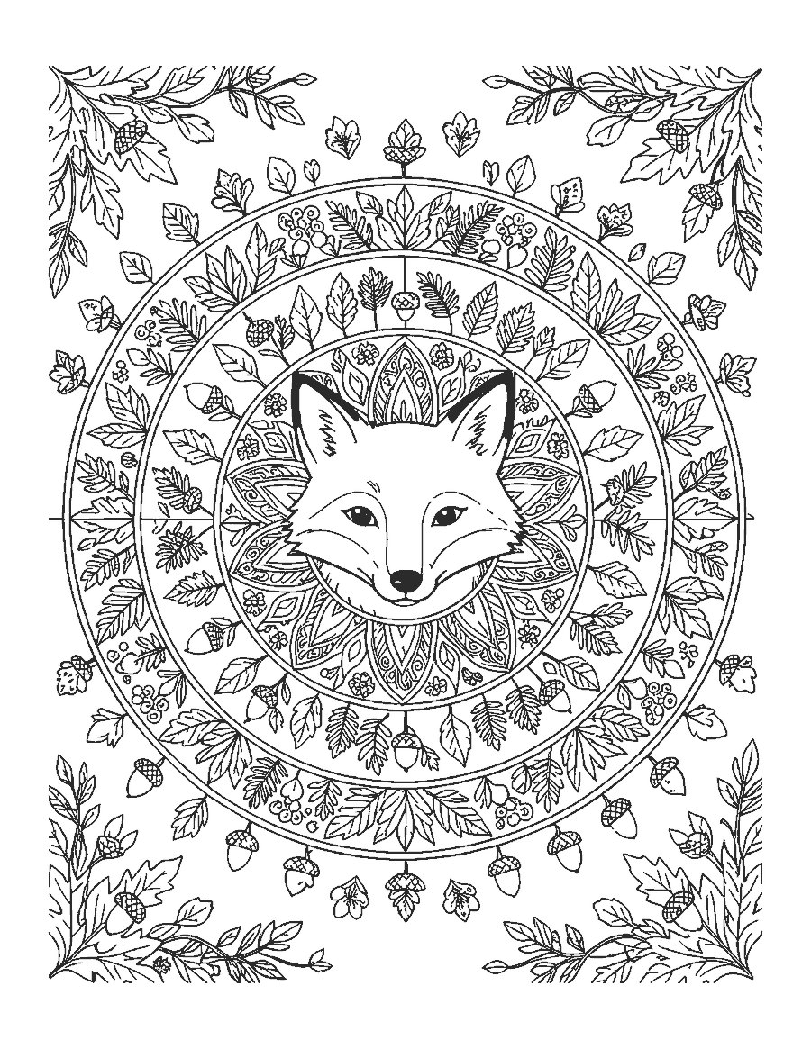 Line drawing of a fox face at the center of a mandala of leaves, acorns and ferns