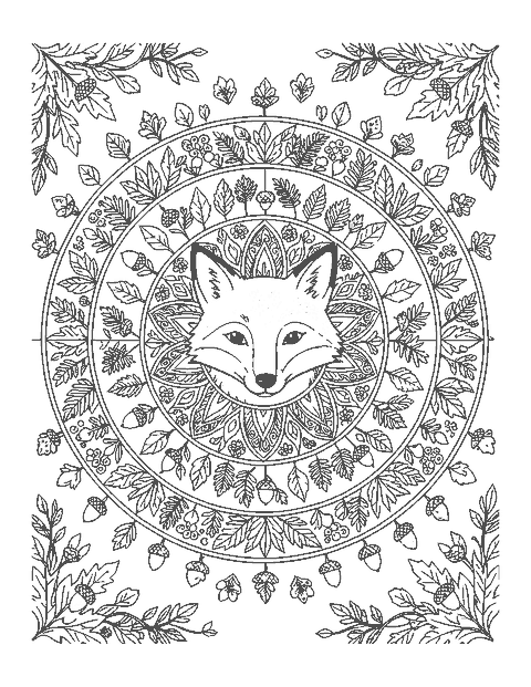 Line drawing of a fox face at the center of a mandala of leaves, acorns and ferns