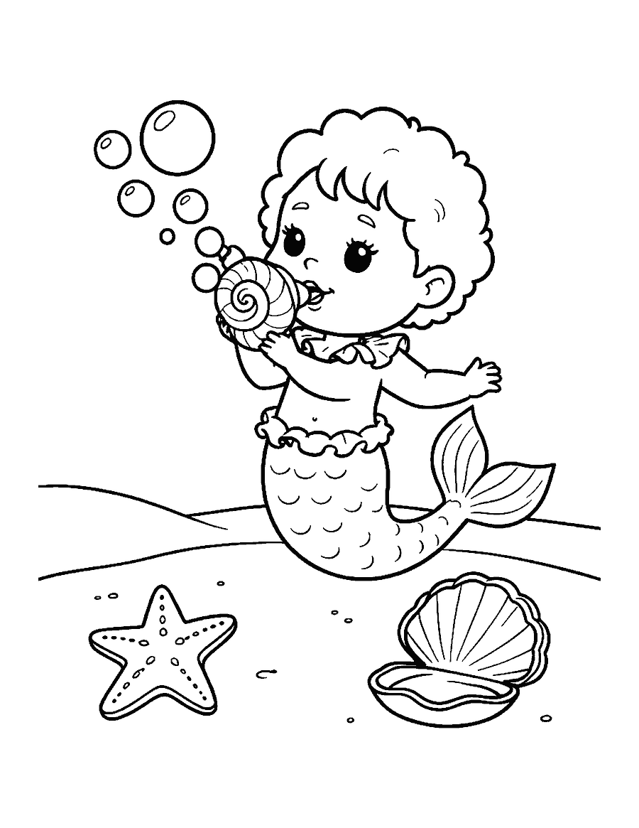 Line drawing of a baby mermaid blowing bubbles through a seashell above a starfish