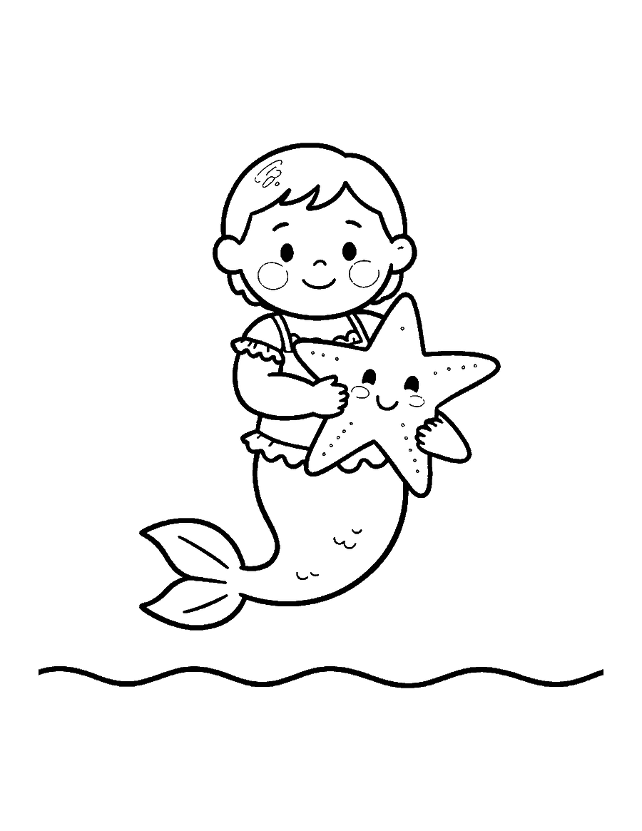 Line drawing of a baby mermaid hugging a smiling starfish