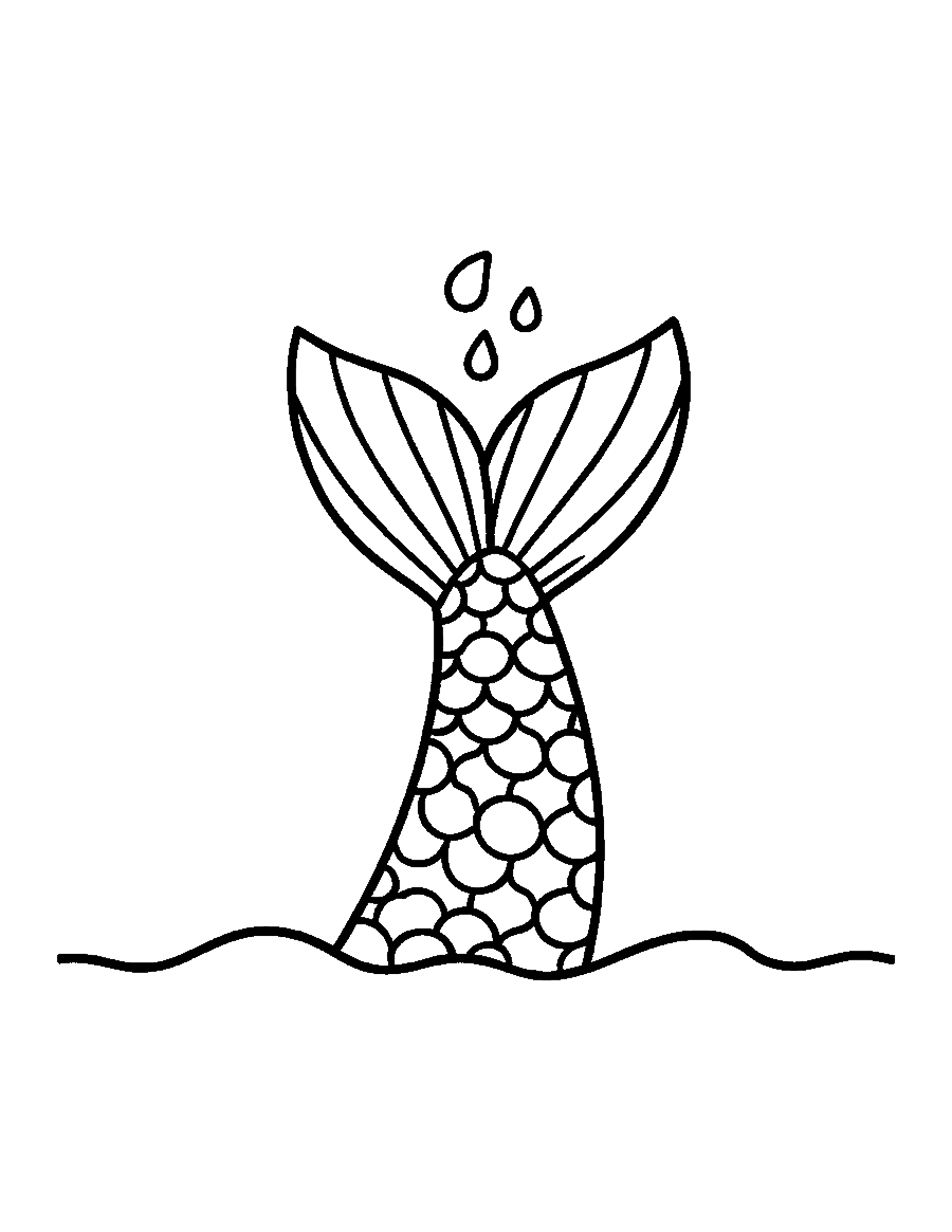 Line drawing of a big scaly mermaid tail with a fan fin rising out of the waves