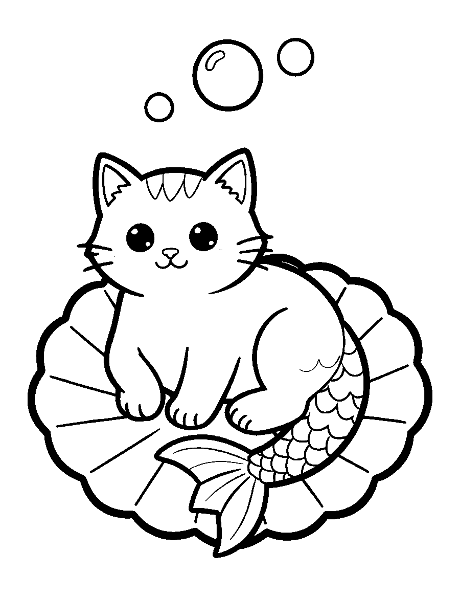 Line drawing of a kawaii kitten with a mermaid tail curled on a scallop shell