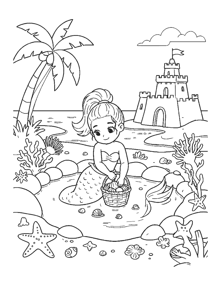 Line drawing of a mermaid gathering shells in a beach tide pool beside a sandcastle