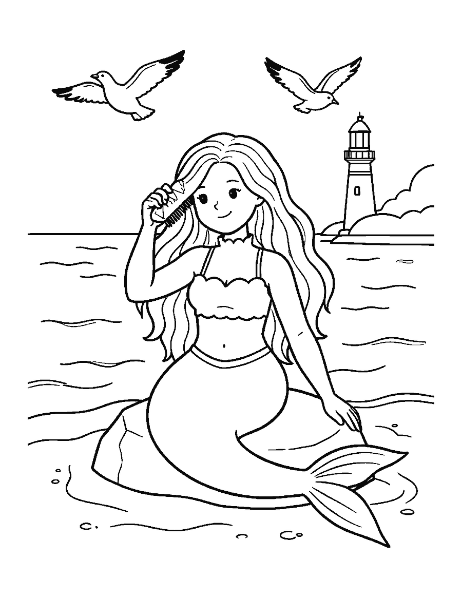 Line drawing of a mermaid combing her hair on a seaside rock near a lighthouse