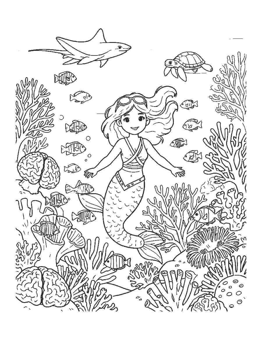 Line drawing of a mermaid swimming through a coral reef with fish, a ray and a turtle