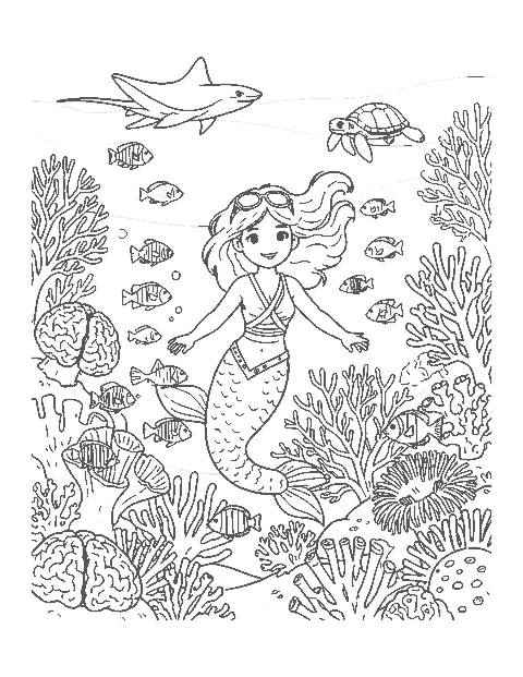 Line drawing of a mermaid swimming through a coral reef with fish, a ray and a turtle