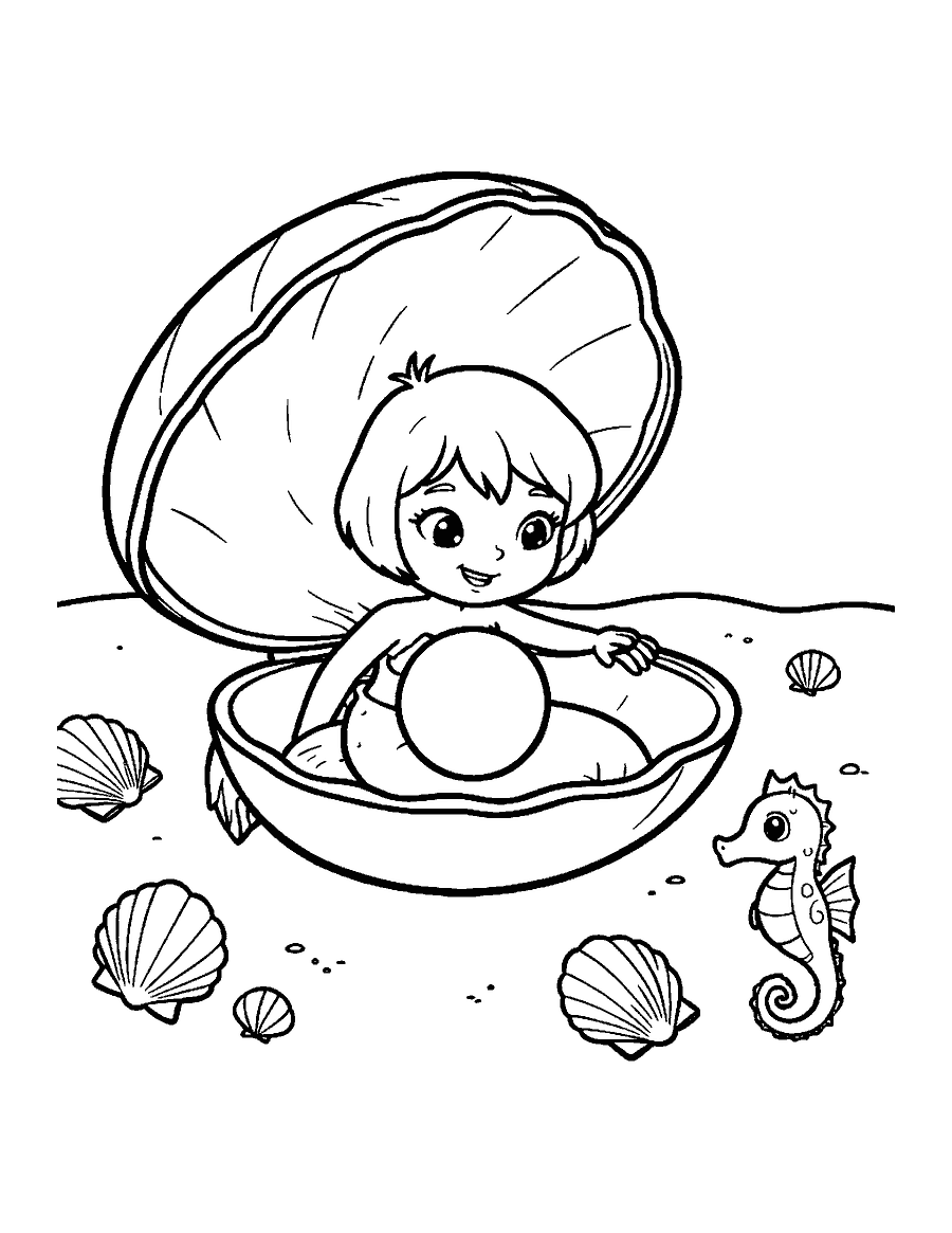 Line drawing of a mermaid looking at a pearl inside a giant clam with a seahorse