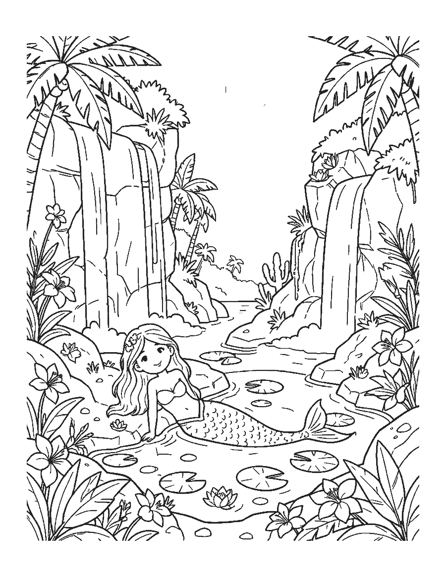 Line drawing of a mermaid in a rock pool surrounded by waterfalls and tropical flowers