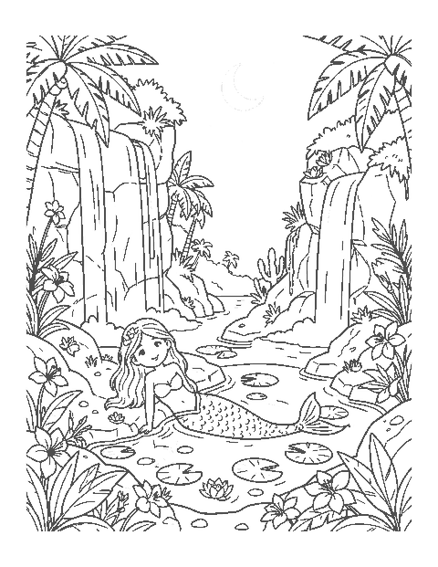 Line drawing of a mermaid in a rock pool surrounded by waterfalls and tropical flowers