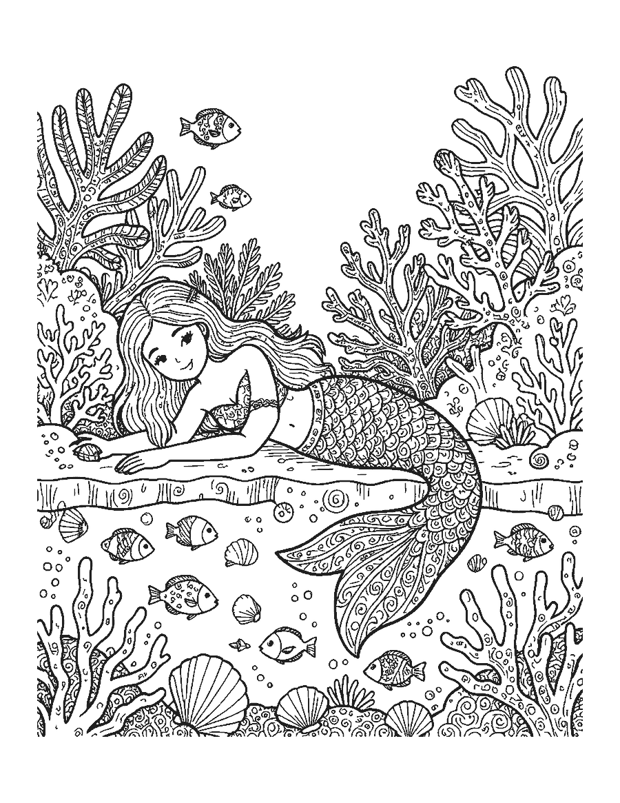 Line drawing of a mermaid lying on a coral ledge with everything filled with doodle patterns