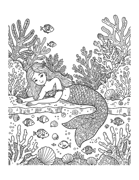 Line drawing of a mermaid lying on a coral ledge with everything filled with doodle patterns