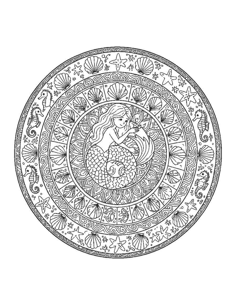 Line drawing of a mermaid at the center of a mandala of seahorses, shells and waves