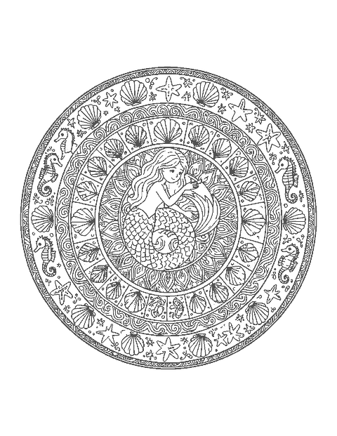 Line drawing of a mermaid at the center of a mandala of seahorses, shells and waves