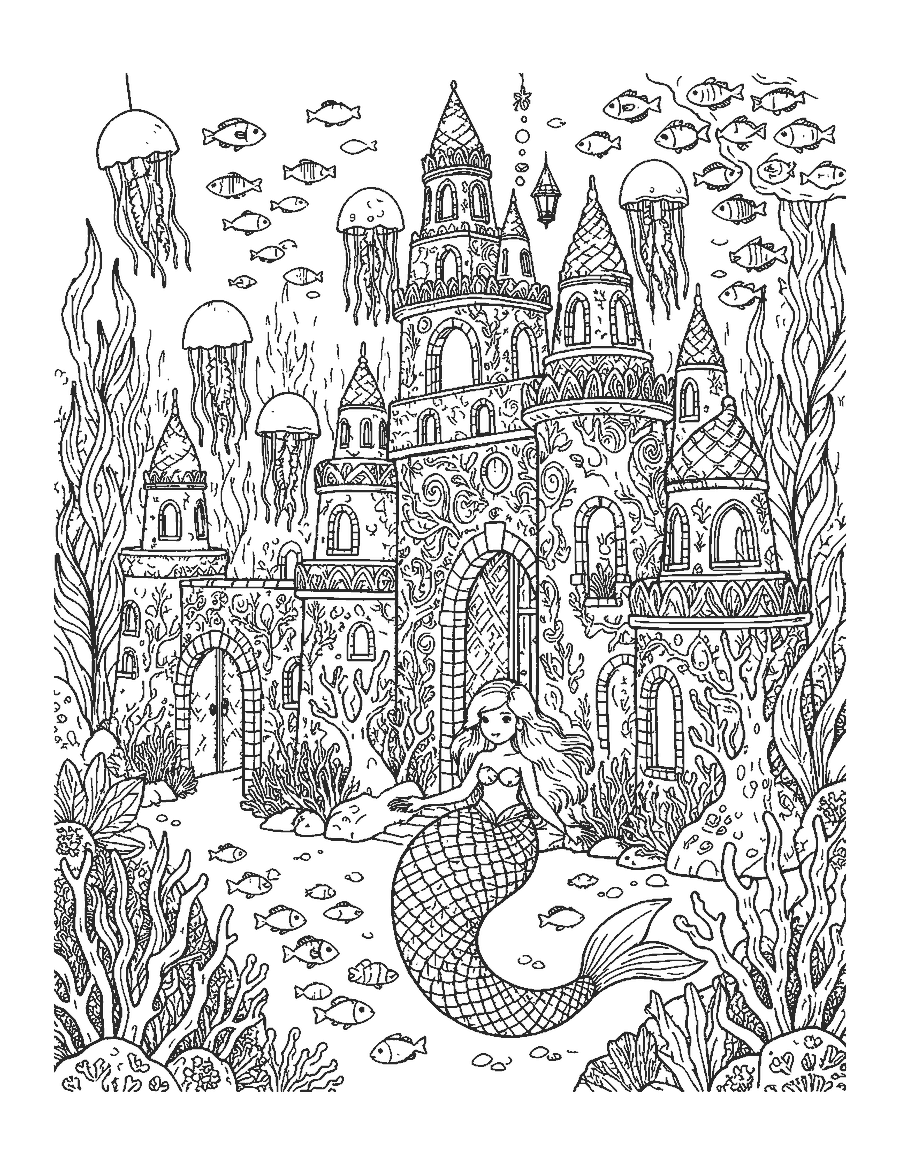 Line drawing of a mermaid swimming toward an underwater palace of shells and coral