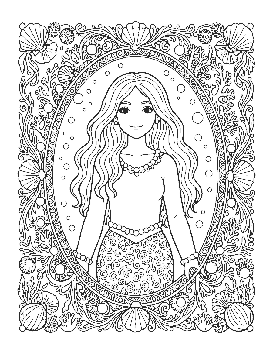 Line drawing of a mermaid portrait inside an oval frame of shells, coral and pearls