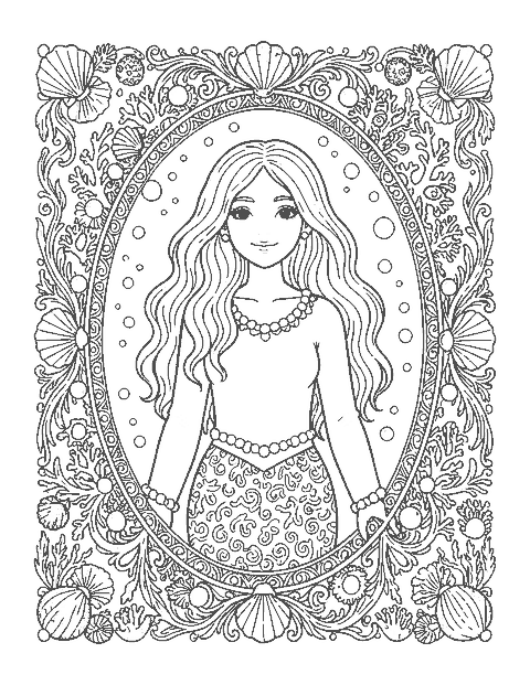 Line drawing of a mermaid portrait inside an oval frame of shells, coral and pearls