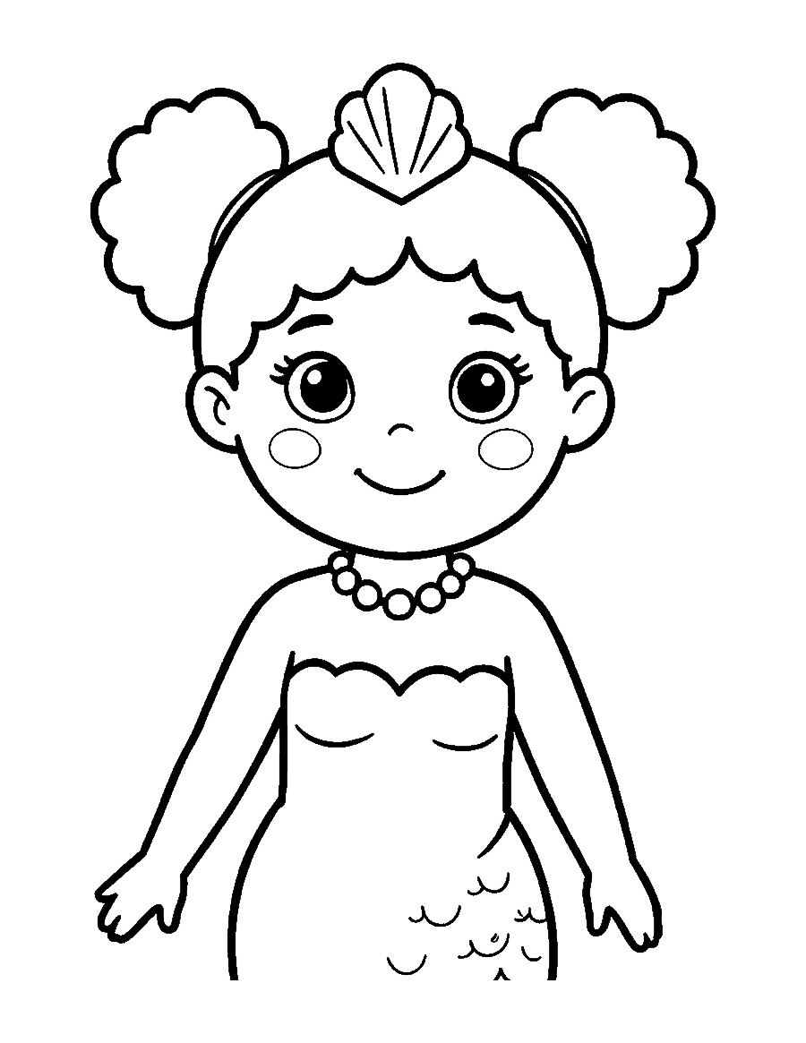Line drawing portrait of a mermaid girl with curly puffs and a seashell crown