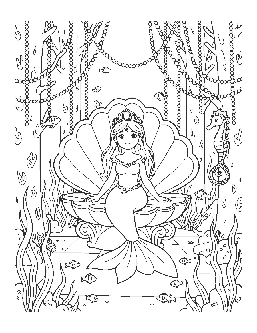 Line drawing of a mermaid princess on a scallop shell throne in an underwater palace