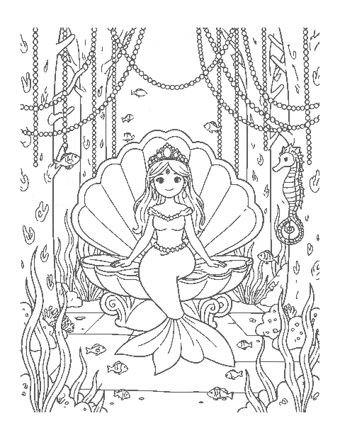 Line drawing of a mermaid princess on a scallop shell throne in an underwater palace