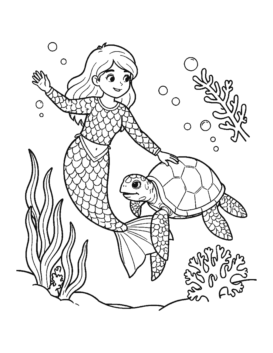 Line drawing of a mermaid swimming beside a sea turtle among seaweed and coral