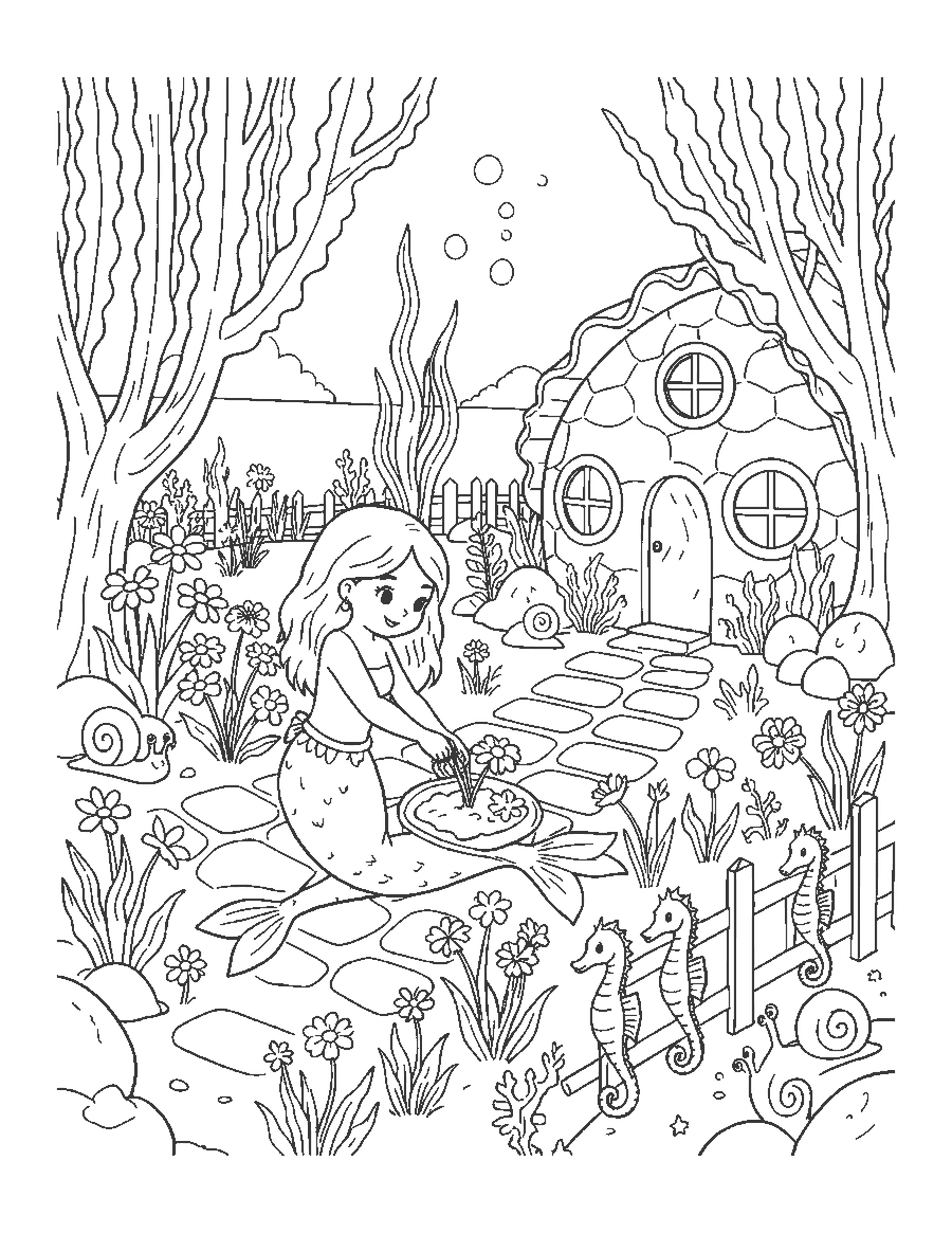 Line drawing of a mermaid in an underwater garden beside a seashell cottage