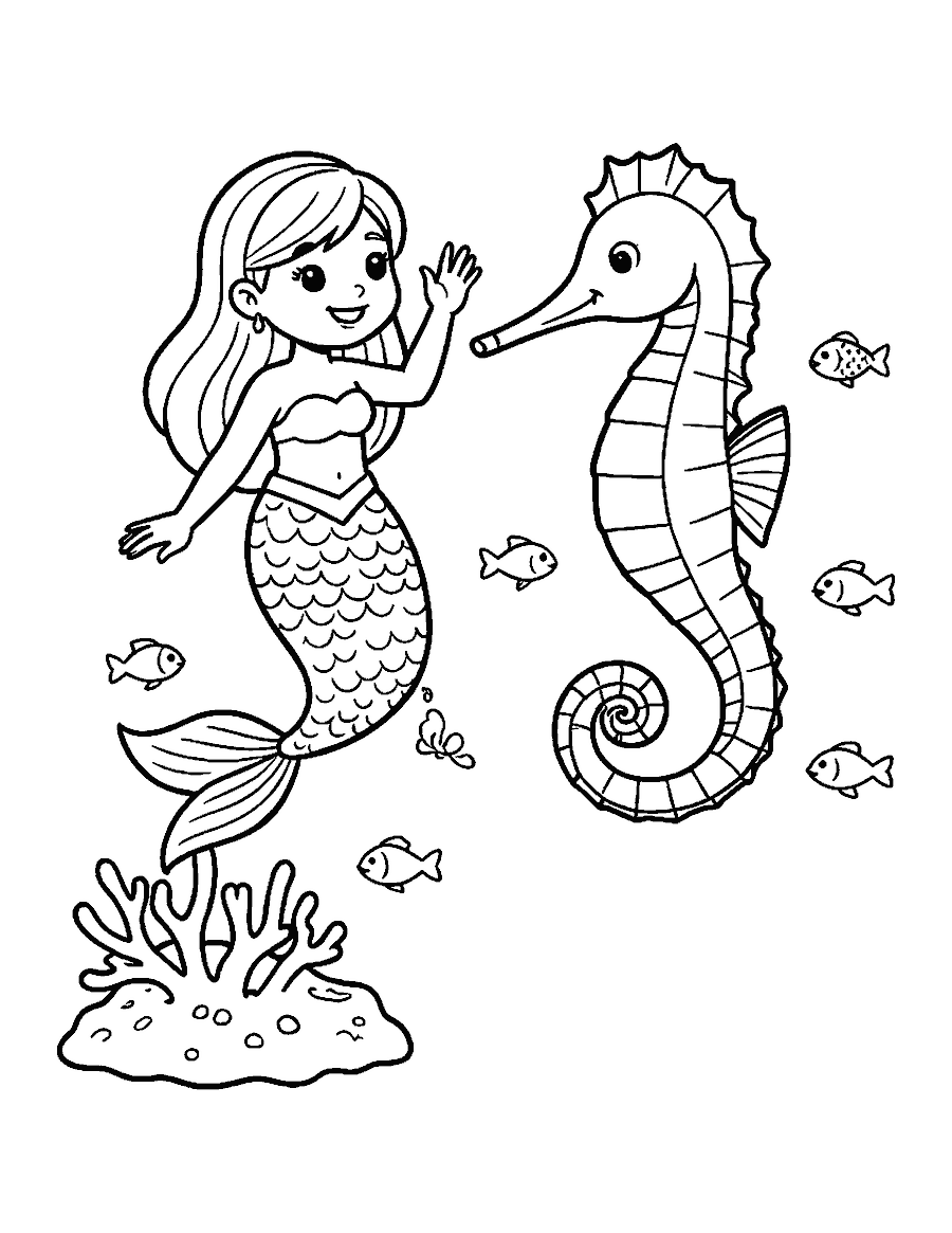 Line drawing of a smiling mermaid waving to a big friendly seahorse with small fish and coral
