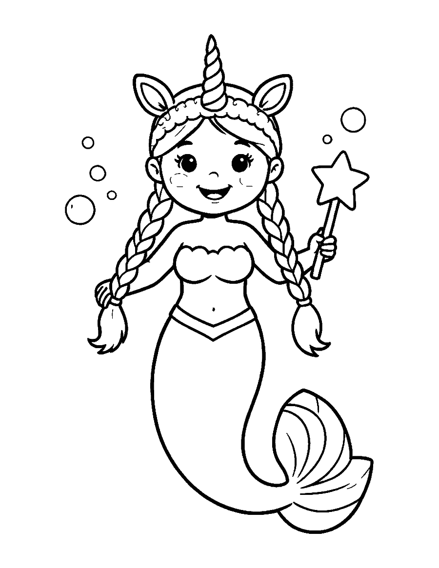 Line drawing of a mermaid wearing a unicorn horn headband and holding a starfish wand