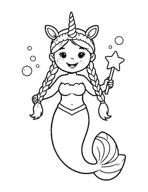 Line drawing of a mermaid wearing a unicorn horn headband and holding a starfish wand