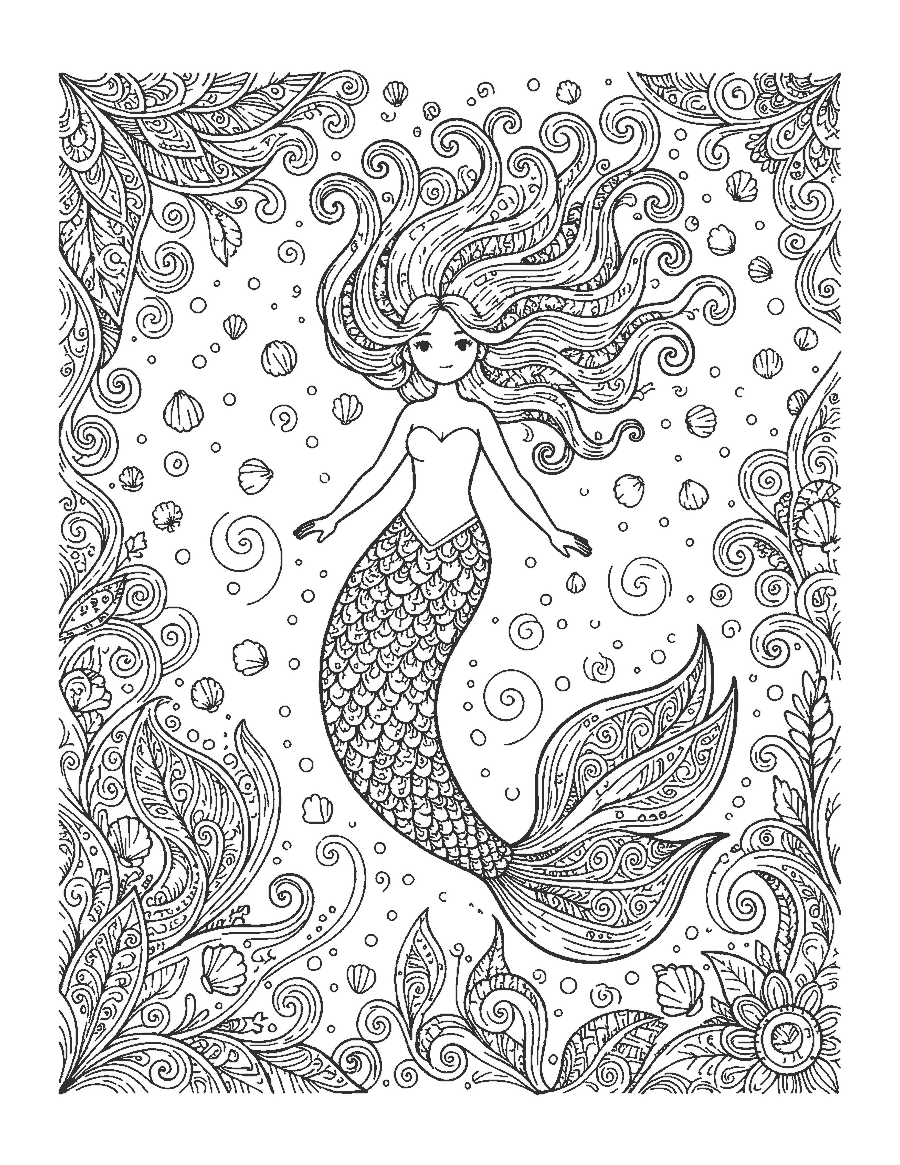 Line drawing of a mermaid with a tail full of doodle patterns and wave-like hair