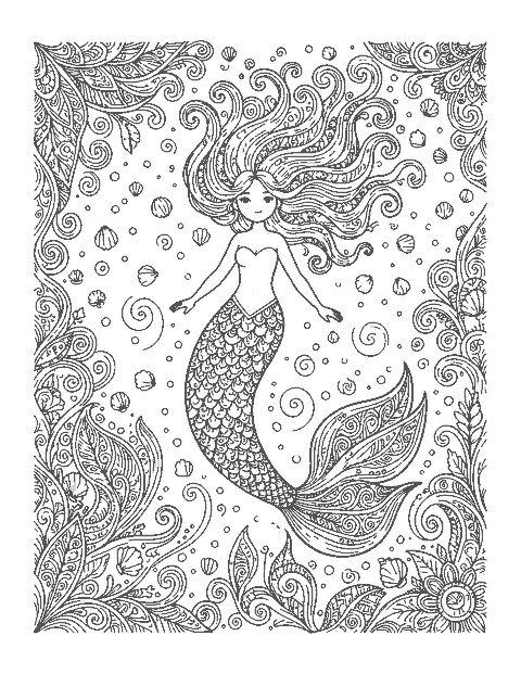 Line drawing of a mermaid with a tail full of doodle patterns and wave-like hair