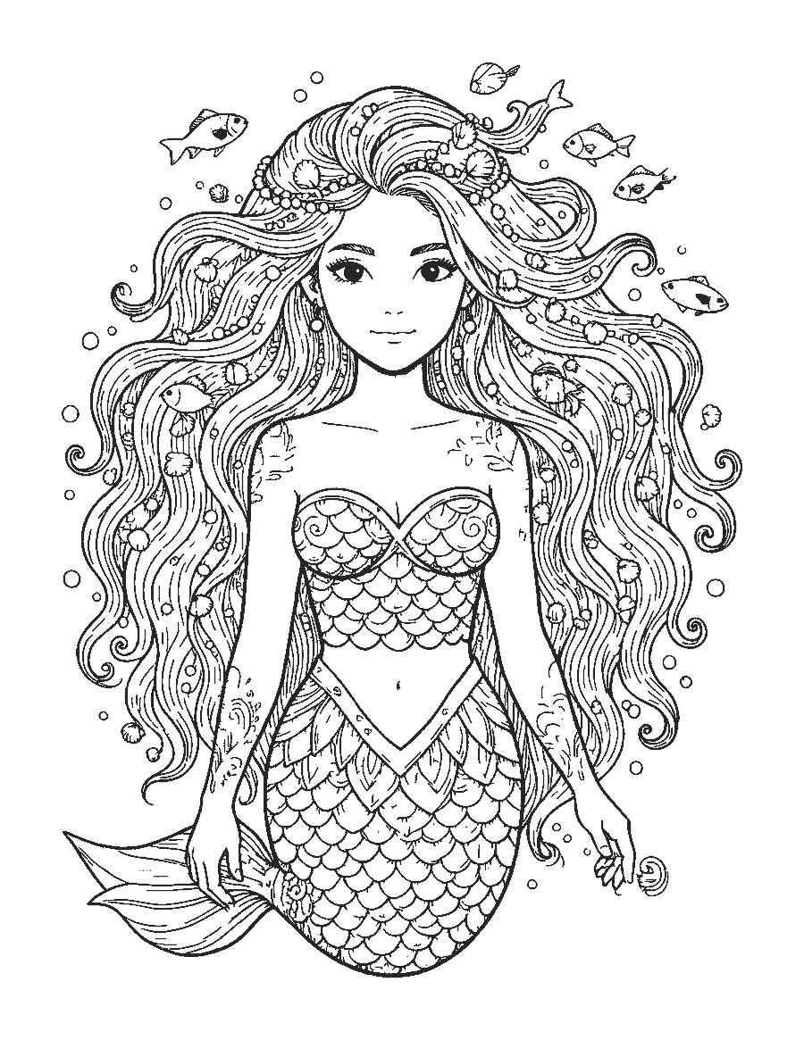 Line drawing of a realistic mermaid portrait with drifting hair, pearls and small fish