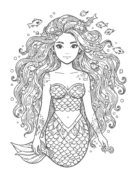 Line drawing of a realistic mermaid portrait with drifting hair, pearls and small fish